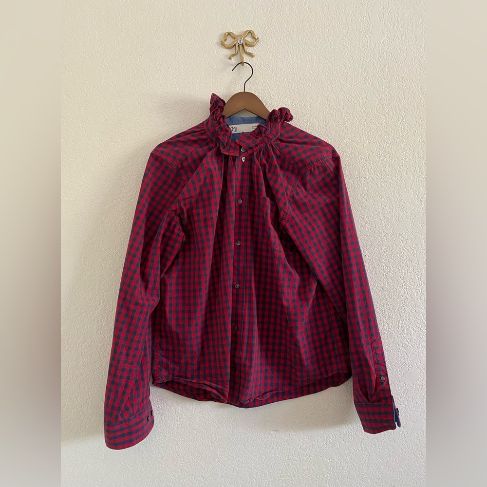 KMJ Shirt Red Navy Checkered Large Ruffle Collar Button Down  Preppy Classic